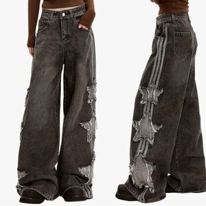 Baggy High Waist Grunge Dark Grey Jeans w/ Patchwork